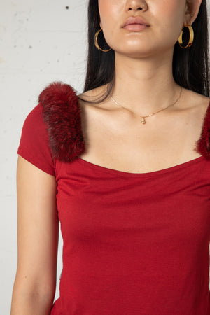 Vintage Moschino Red Fur Trim Knit Top